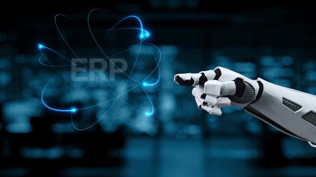 A robotic arm interacts with various ERP icons in a modern business environment, highlighting the role of automation and digital solutions in enhancing operational efficiency. Synapse