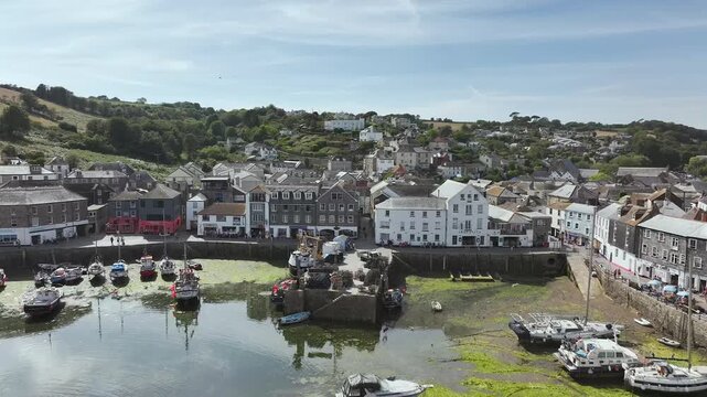 Cliffs and a harbor over Port Village from a drone, Charlestown, St Austell, Cornwall, England