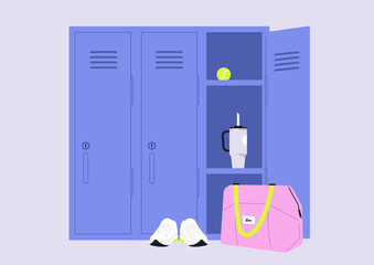 Naklejka premium Belongings of an active athlete fill a vibrant locker space, A water bottle, shoes, a tennis ball, and a stylish bag create an inviting scene for sports enthusiasts.