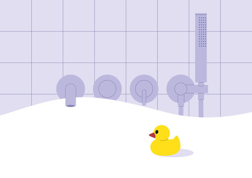 Close-up view showcases sleek, contemporary bathroom fixtures against a serene tiled backdrop, A cheerful rubber duck adds a touch of whimsy to the relaxing scene.