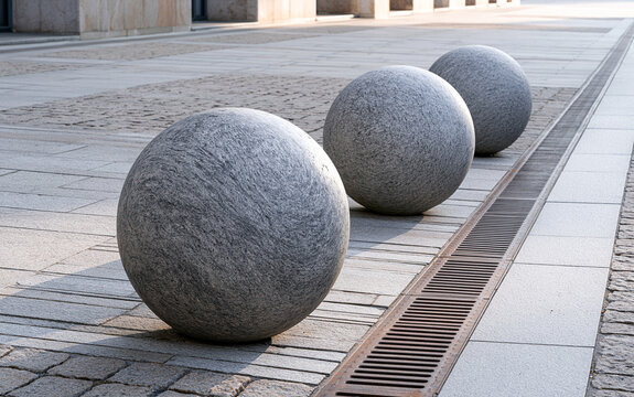 Three large marble balls sit on urban street pavement. Grey granite spheres form decorative street furniture in modern city district. Minimalist stone bollards line sidewalk near drainage grate.