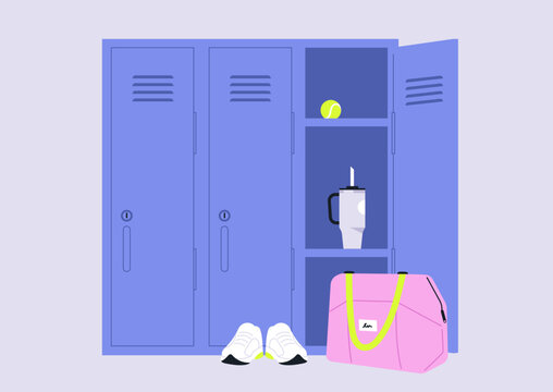 Belongings of an active athlete fill a vibrant locker space, A water bottle, shoes, a tennis ball, and a stylish bag create an inviting scene for sports enthusiasts.