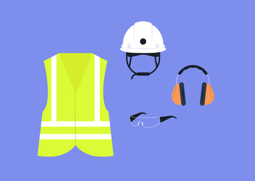 Bright yellow vest, hard hat, safety glasses, and hearing protection lie together, ready for use by constructors working under the sunny sky, Safety is the priority on site.