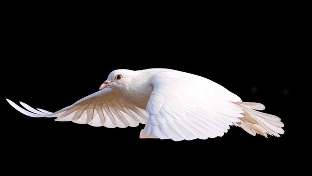 Pigeon flying with outstretched wings against black background. Tracking side view of white bird in motion.