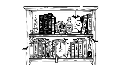 Fototapeta premium Halloween Occult Bookshelf with Magic Books, Skull, Potion Bottle and Ghost