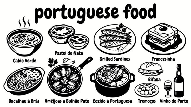 Portuguese foods featuring bacalhau pastel de nata caldo verde francesinha grilled sardines bifana and traditional dishes vector cuisine restaurants seafood menus culinary tourism cafes festivals