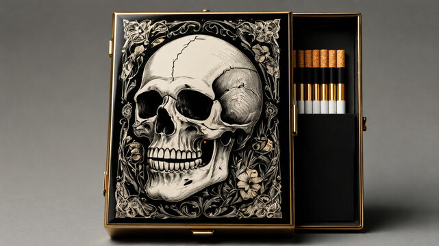Open luxury metal cigarette box decorated with detailed skull and botanical floral engraving.