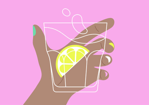 A hand gracefully holds a glass filled with lemon water, as fresh slices of lemon float amid lively splashes, The backdrop features a gentle pastel hue, creating a serene and refreshing atmosphere