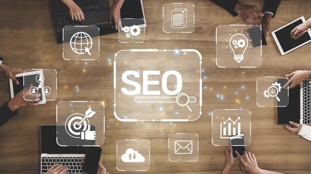 SEO concept for improving SEO visibility, with SEO related digital tools and SEO performance icons shown in an focused layout for strategic marketing. Muxer