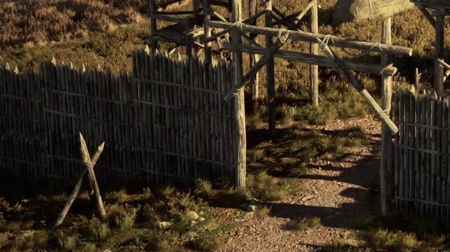 A wooden fence surrounds a pathway in a rural area. The entrance has logs tied together. The ground is dry with some grass visible. It is a clear day with good visibility.