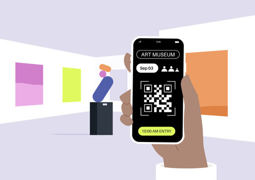 A person prepares to enter an art museum, gripping a smartphone displaying a QR code ticket, Colorful artworks adorn the walls in the background, creating a lively atmosphere.