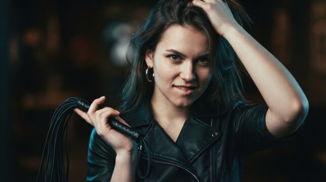 Confident Young Woman Holding Whip in Leather Jacket