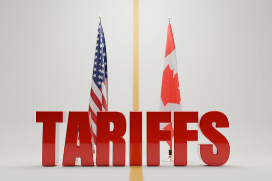 TARIFFS in front of USA and Canada flags separated by a line on a white background. Illustrates trade barriers, economic conflict, tax policy, and bilateral trade tension between nations.