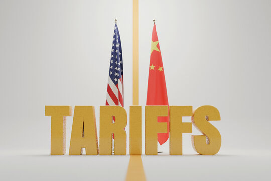 Golden 3D letters spelling TARIFFS divided by a line between US and China flags on a grey studio background. Symbolizes trade war, economic conflict, import tax, and geopolitical division. Crisis
