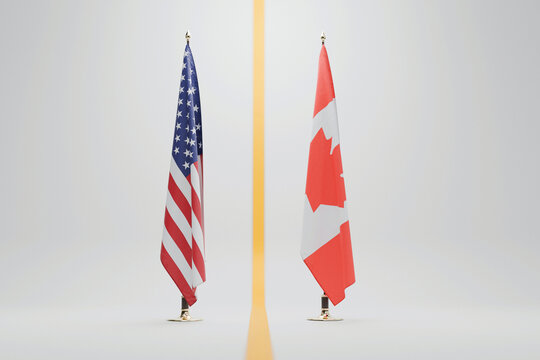 US and Canadian flags stands separated by an yellow vertical line on a white background. represents diplomatic relations, trade, differences, agreements, bilateral negotiations