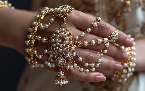 Elegant gold bridal jewelry set with pearls on female hand. Traditional Indian maang tikka, nose ring accessories for wedding ceremony. Ornate gold hand ornament with white beads