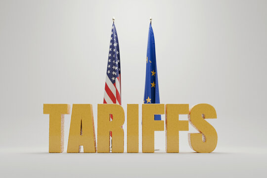 TARIFFS stand in front of US and EU flags on a grey studio background. Symbolizes trade war, customs duties, and international commerce tensions. Crisis, concept