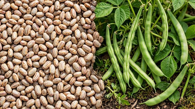 Common bean (Phaseolus vulgaris), highlighting both the green pods on the plant and the dried beans (known in Brazil as *feij&atilde;o-carioca*) ready for consumption or planting.