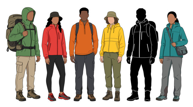 Professional vector collection featuring different American men and women wearing Gorpcore fashion, technical outdoor jackets, hiking pants, fleece pullovers, waterproof shell jackets