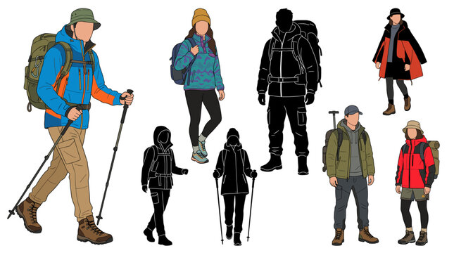 Professional vector collection featuring different American men and women wearing Gorpcore fashion, technical outdoor jackets, hiking pants, fleece pullovers, waterproof shell jackets