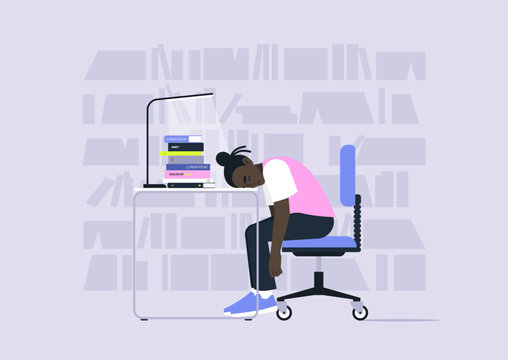 A library student sits in a chair with their head resting on a desk piled high with books, The background shows shelves filled with more study material, hinting at a busy semester.