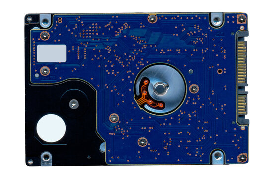 Isolated transparent PNG of computer hard drive printed circuit board PCB microchip controller for data storage, IT repairs, technology banner, and hardware background design