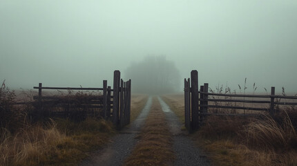 Obraz premium Wooden Gate Leading Into a Foggy Rural Landscape — Part of a Folk Horror and Dark Poetry Series