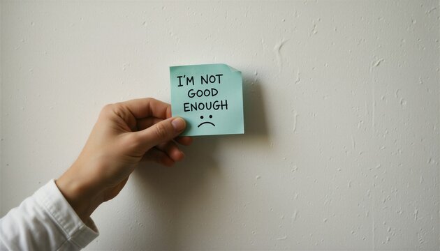 Hand holding a sticky note with IM NOT GOOD ENOUGH text, symbolizing mental health struggles and burnout.