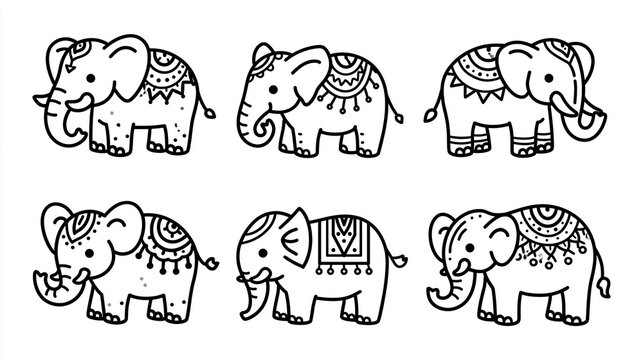 Six cute cartoon elephants with decorative patterns in various poses.