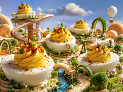 Whimsical Deviled Egg Garden in a Playful Surreal 3D Food World