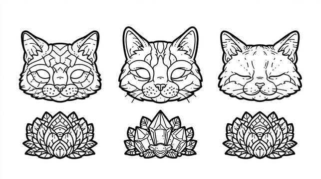 Three stylized cat heads and floral elements for intricate coloring designs.