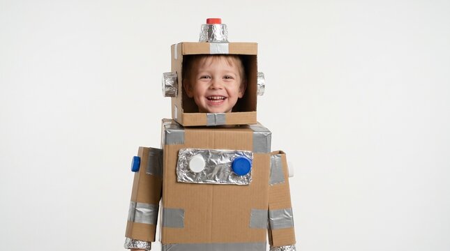Smiling boy wearing a handmade cardboard robot costume