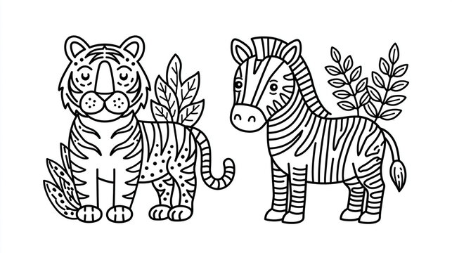 Playful cartoon style tiger and zebra illustration surrounded by foliage.