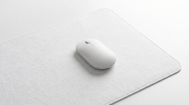 Minimalist white wireless computer mouse on a textured grey mousepad
