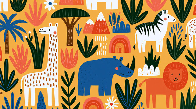 Colorful jungle animals pattern featuring giraffes, lions, and zebras.