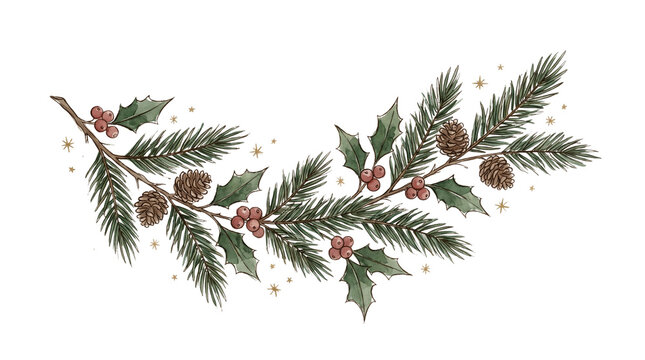 Hand-drawn Christmas evergreen branch with holly leaves, berries, pine cones and golden stars, isolated on white background.