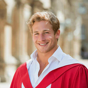 Graduate student wearing a red robe and white shirt, smiling broadly while looking at the camera, symbolizing educational success