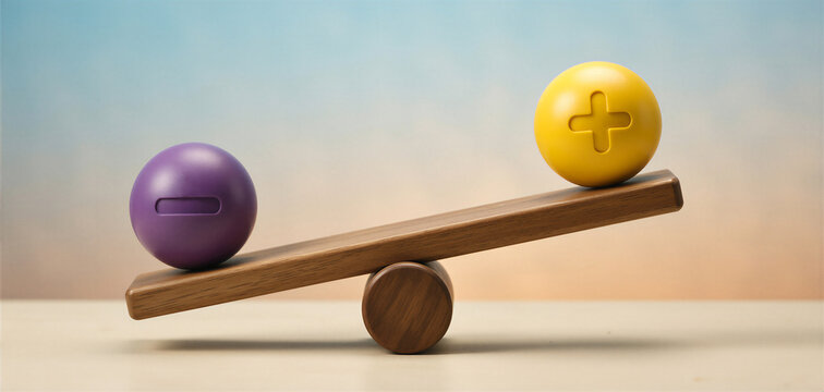 Wooden seesaw balancing purple minus and yellow plus spheres symbolizing mental health and work-life balance.