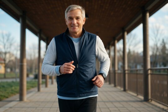 Active senior man jogging outdoors under a covered walkway, embodying healthy aging and vitality.
