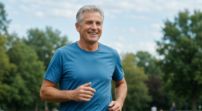 Happy senior man jogging in a park, embodying an active aging and healthy mature lifestyle.