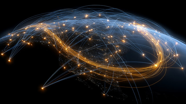 A connected globe covered with network paths represents global communication and worldwide digital data connectivity.
