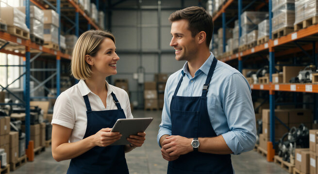 Startup team collaborating in a modern warehouse, discussing business plans while reviewing data on a tablet.