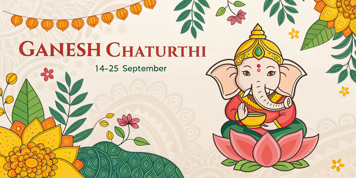 Ganesha Chaturthi Hindu Festival Celebration with Lord Ganesha and Decorative Diyas