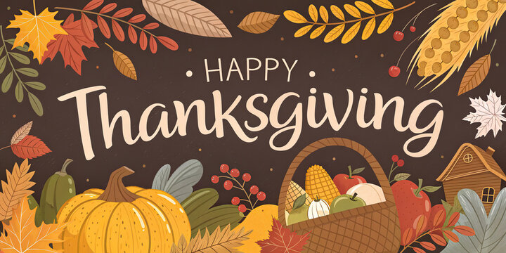 Happy Thanksgiving Autumn Harvest Cornucopia Pumpkins Leaves Celebration Vintage