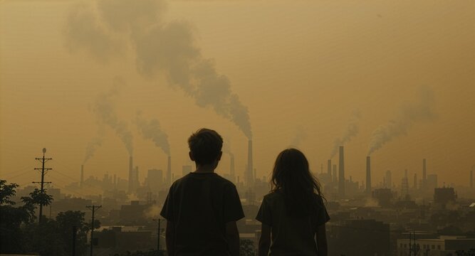 A cinematic rear view of two children standing together, overlooking a vast industrial cityscape dominated by factory smokestacks emitting heavy pollution into a dense, hazy yellowish smog sky.