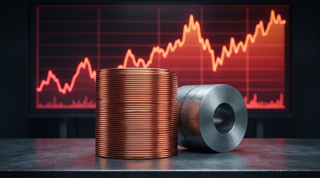 Detailed view of copper and steel coils with a financial chart displayed in the background