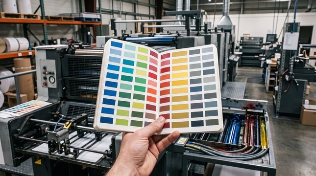 Hand holding color swatch in printing facility with machinery in background