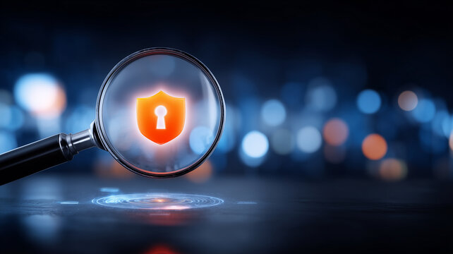 A magnifying glass revealing a shield with a keyhole represents cybersecurity inspection and digital data protection.
