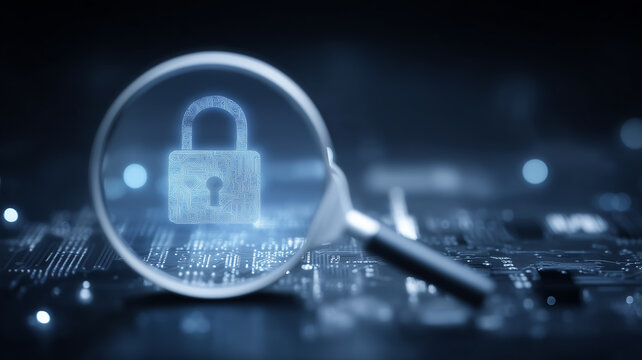 A magnifying glass revealing a digital padlock on circuitry represents cybersecurity auditing and protected data access.
