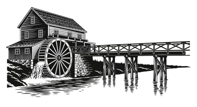 Vector illustration of vintage water mill with wooden bridge illustration on a transparent background